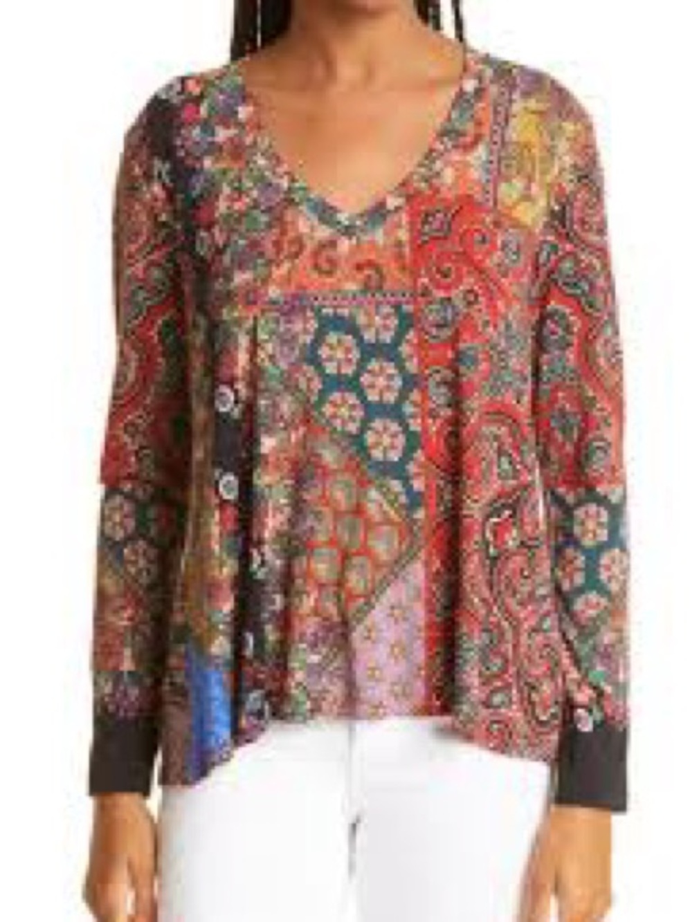 Johnny Was Moa Favorite Paisley Floral V-Neck Top Multi Motif Medium